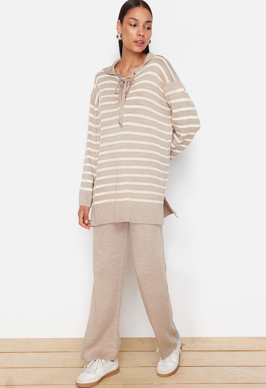 Trendyol - Mink Striped Collar Tie Detailed Sweater-Pants Bottom-Top