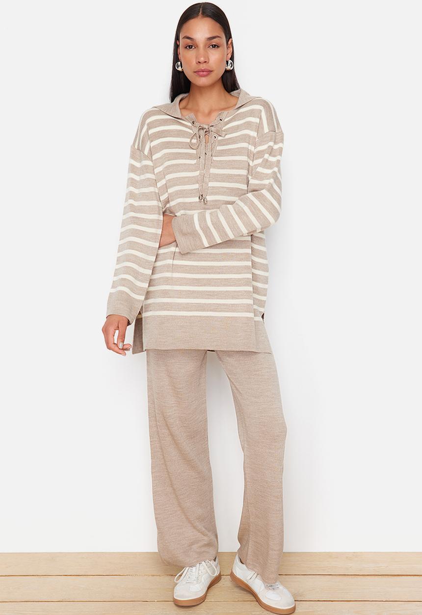 Trendyol - Mink Striped Collar Tie Detailed Sweater-Pants Bottom-Top