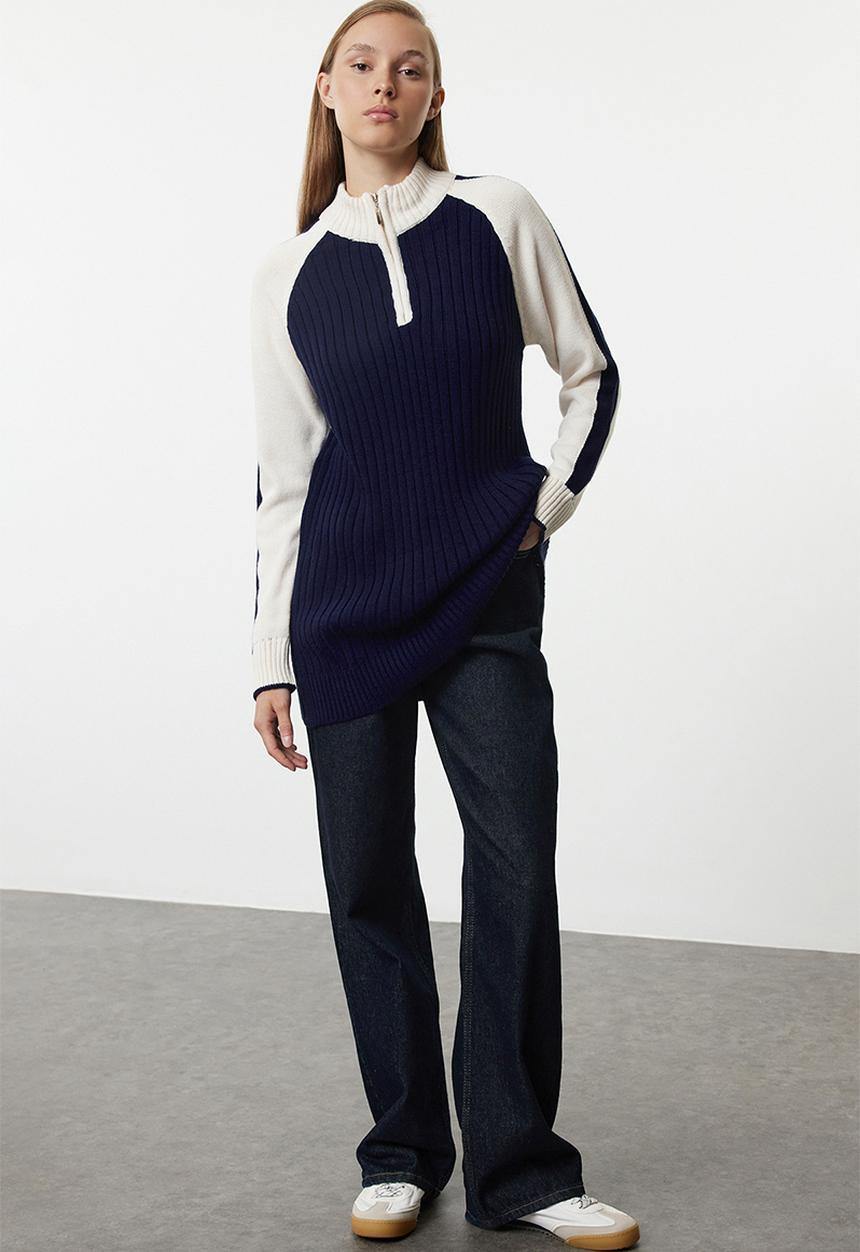 Trendyol - Colour block zipper collar sweater - navy blue