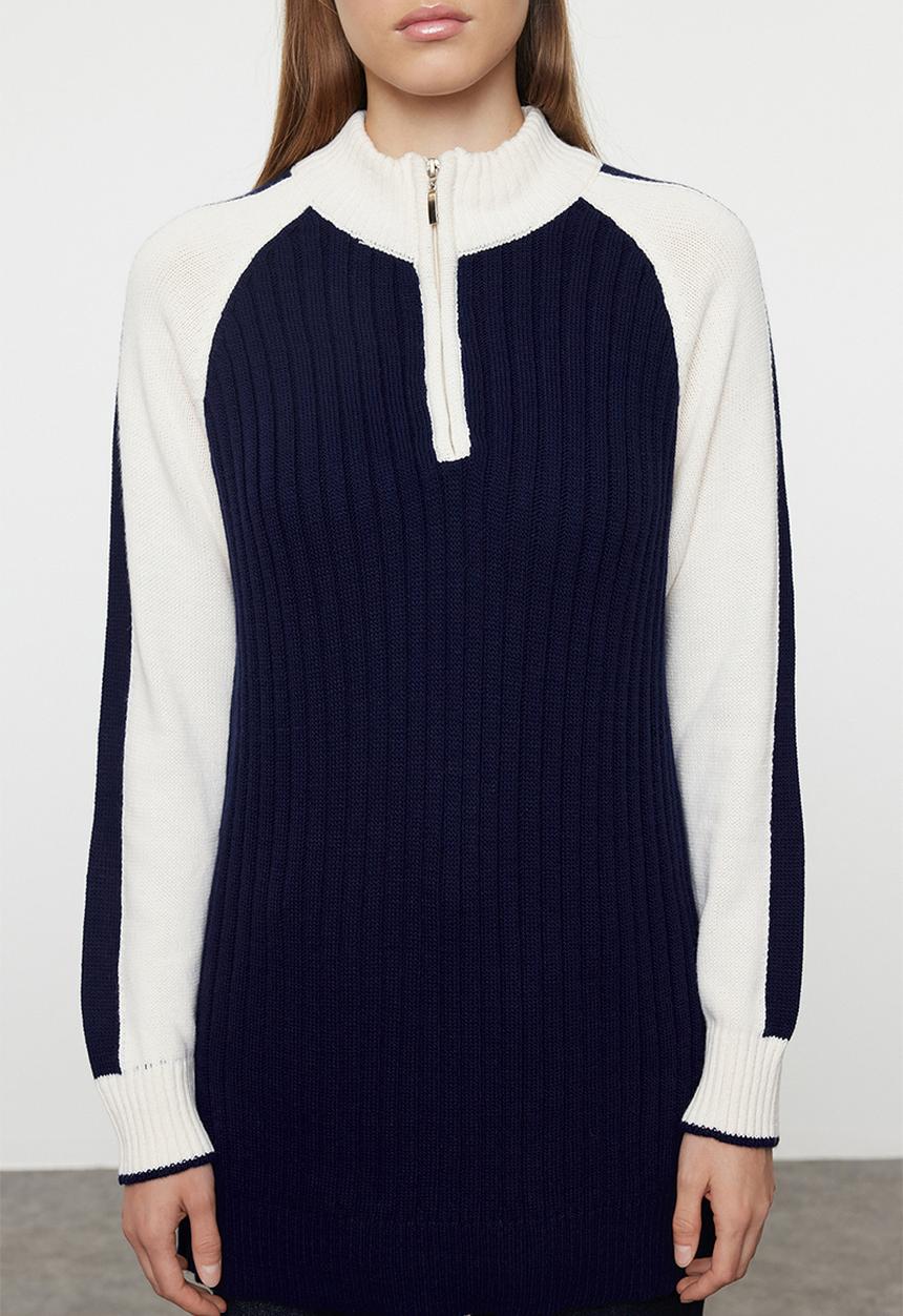 Trendyol - Colour block zipper collar sweater - navy blue