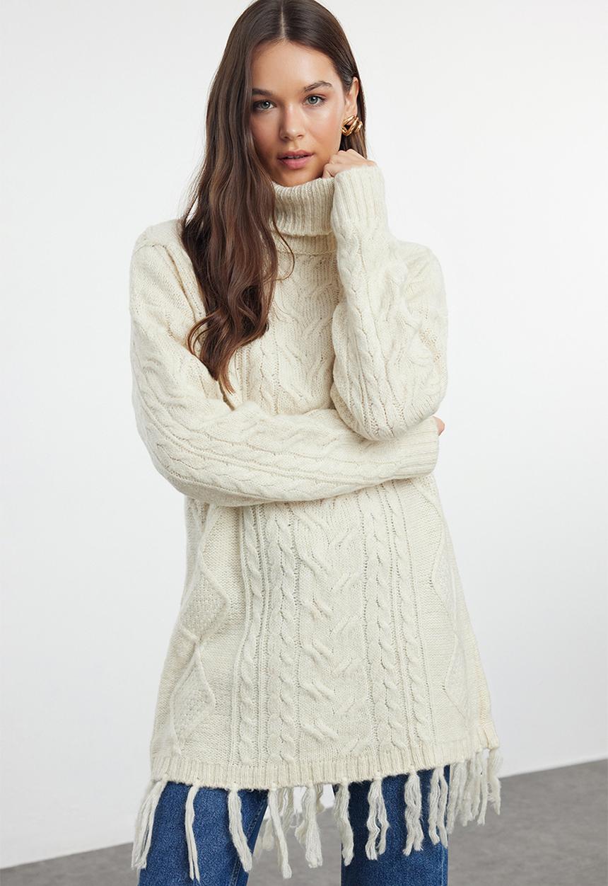 Trendyol - Hair knitted patterned tassel sweater - stone 
