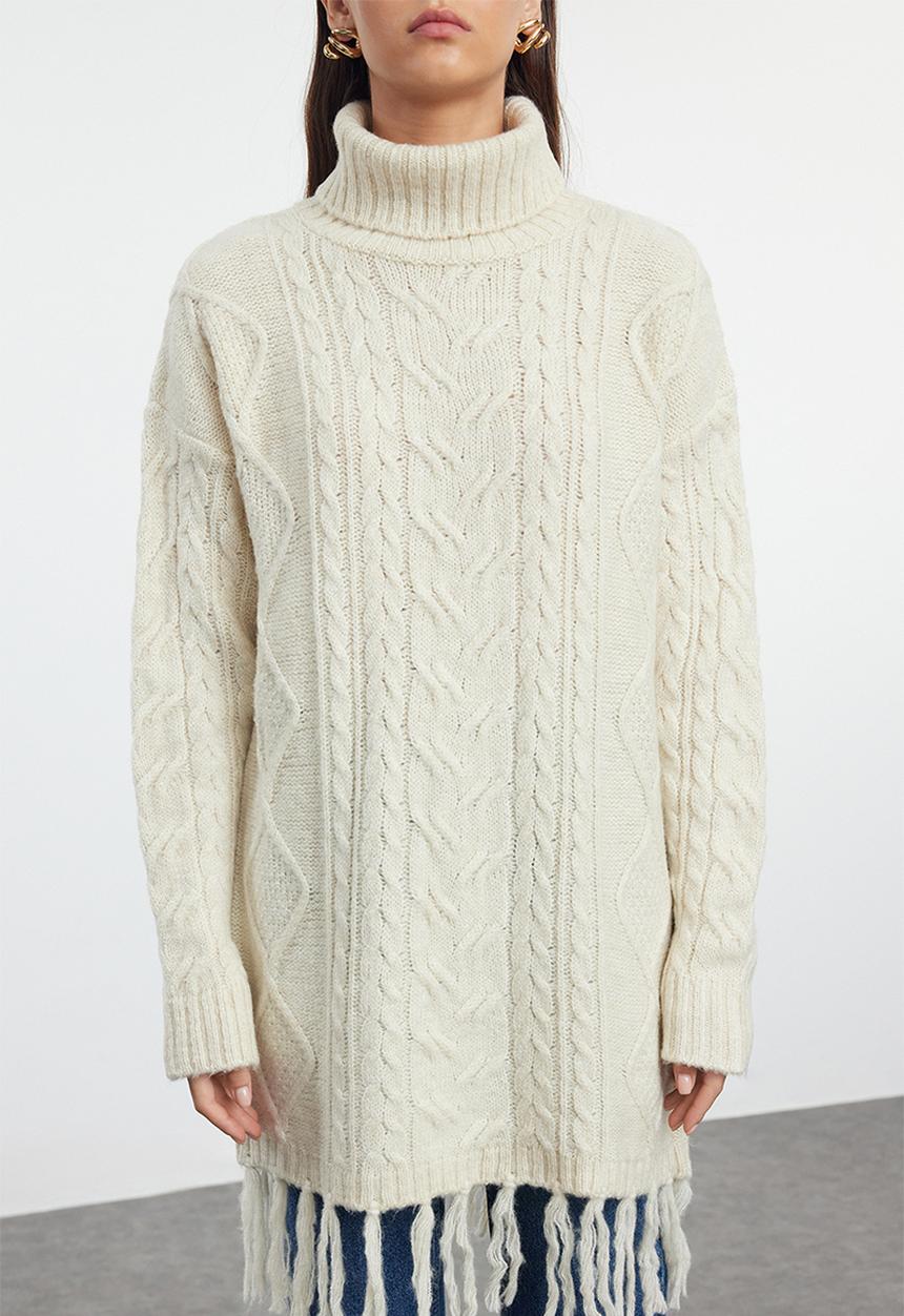 Trendyol - Hair knitted patterned tassel sweater - stone 