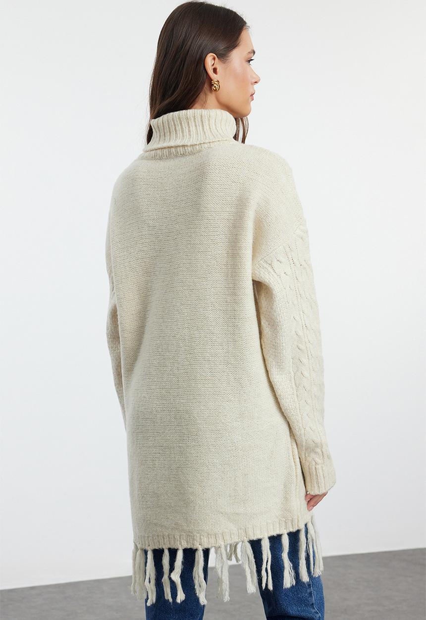 Trendyol - Hair knitted patterned tassel sweater - stone 