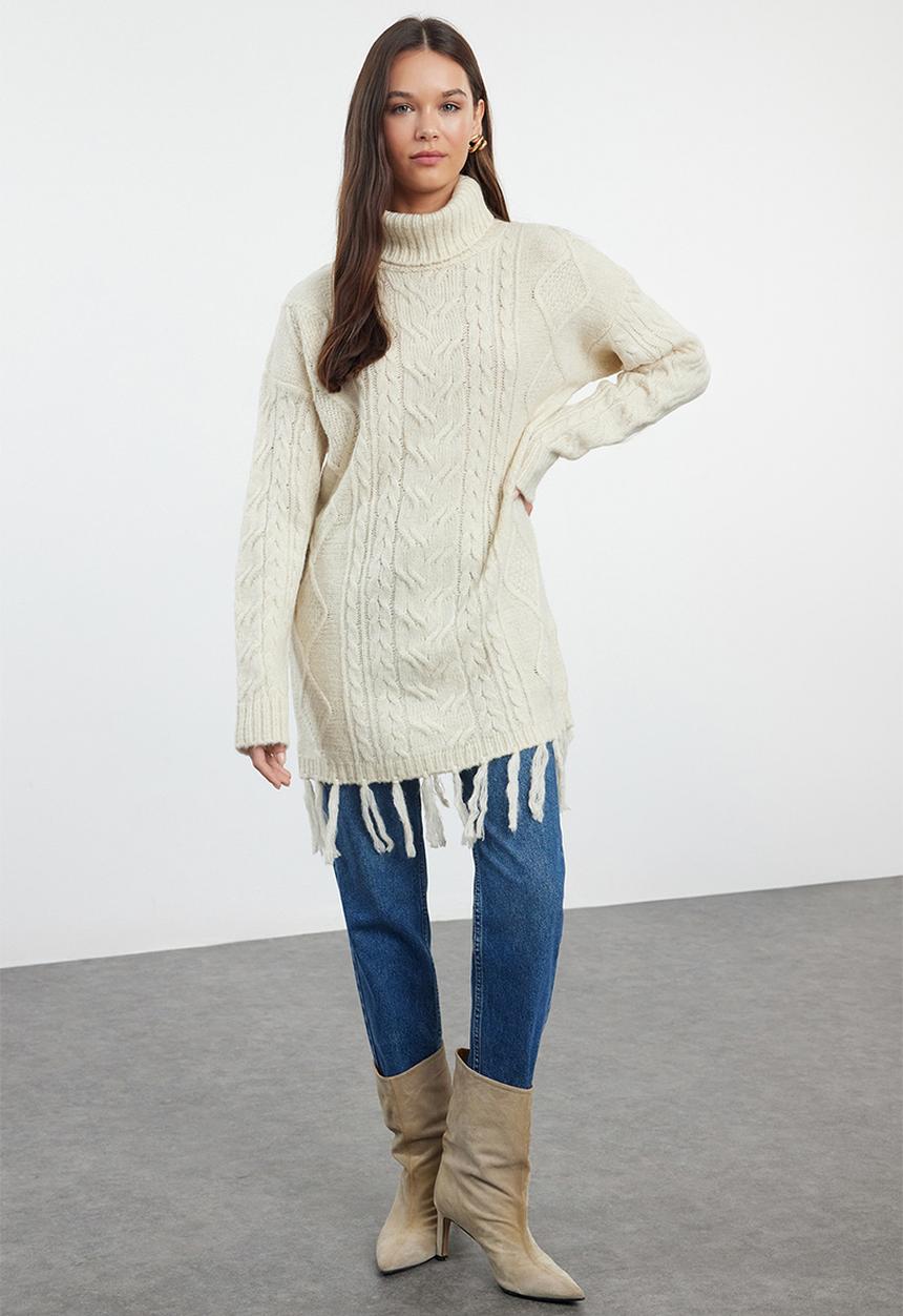 Trendyol - Hair knitted patterned tassel sweater - stone 