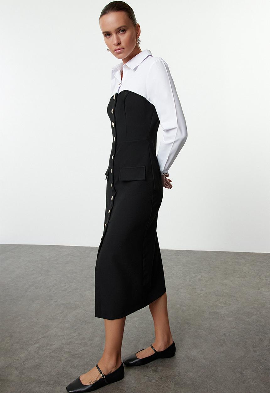 Trendyol - Body-hugging button detailed midi woven dress - black 