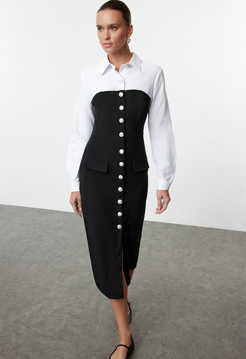 Trendyol - Body-hugging button detailed midi woven dress - black 