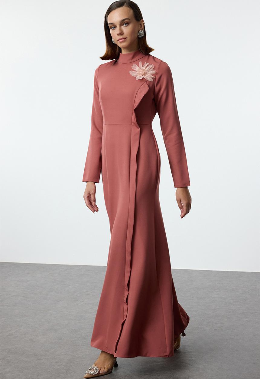 Trendyol - Flower applique detailed woven fabric evening dress - dusty rose