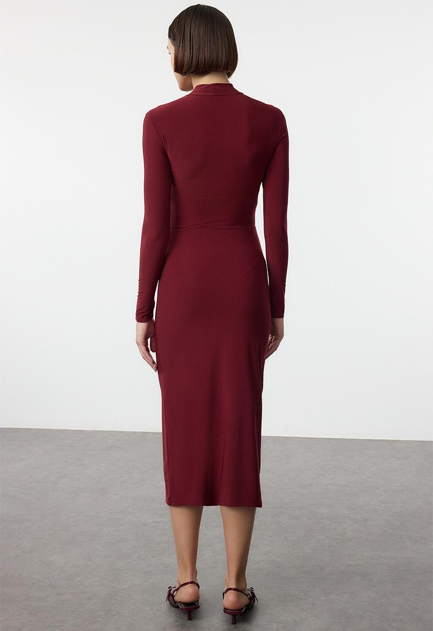 Trendyol - Drape detailed slit high collar fitted midi knitted dress - burgundy