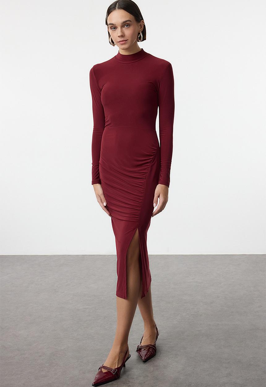 Trendyol - Drape detailed slit high collar fitted midi knitted dress - burgundy