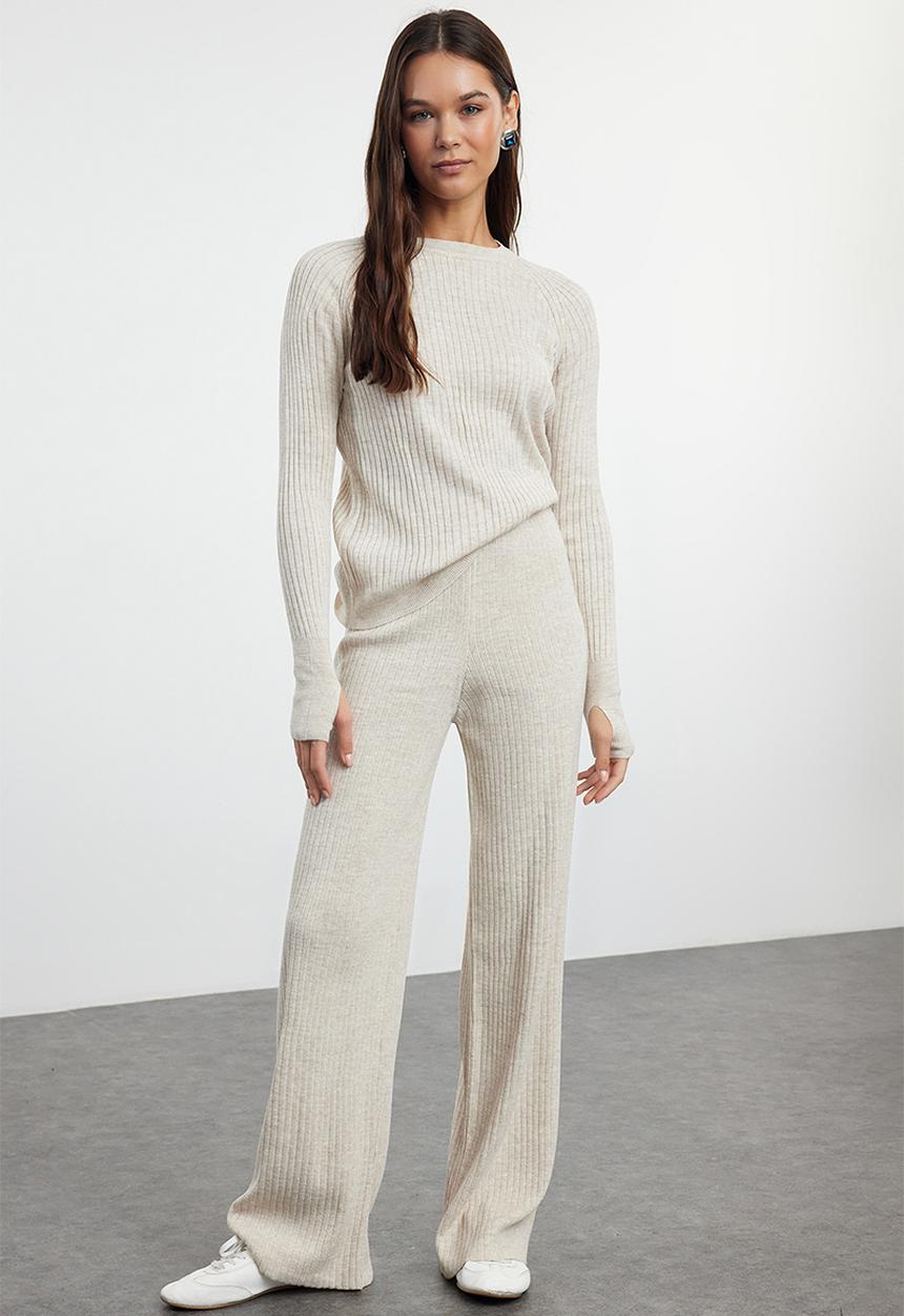 Trendyol - Basic finger detailed knitwear bottom-top set - stone 