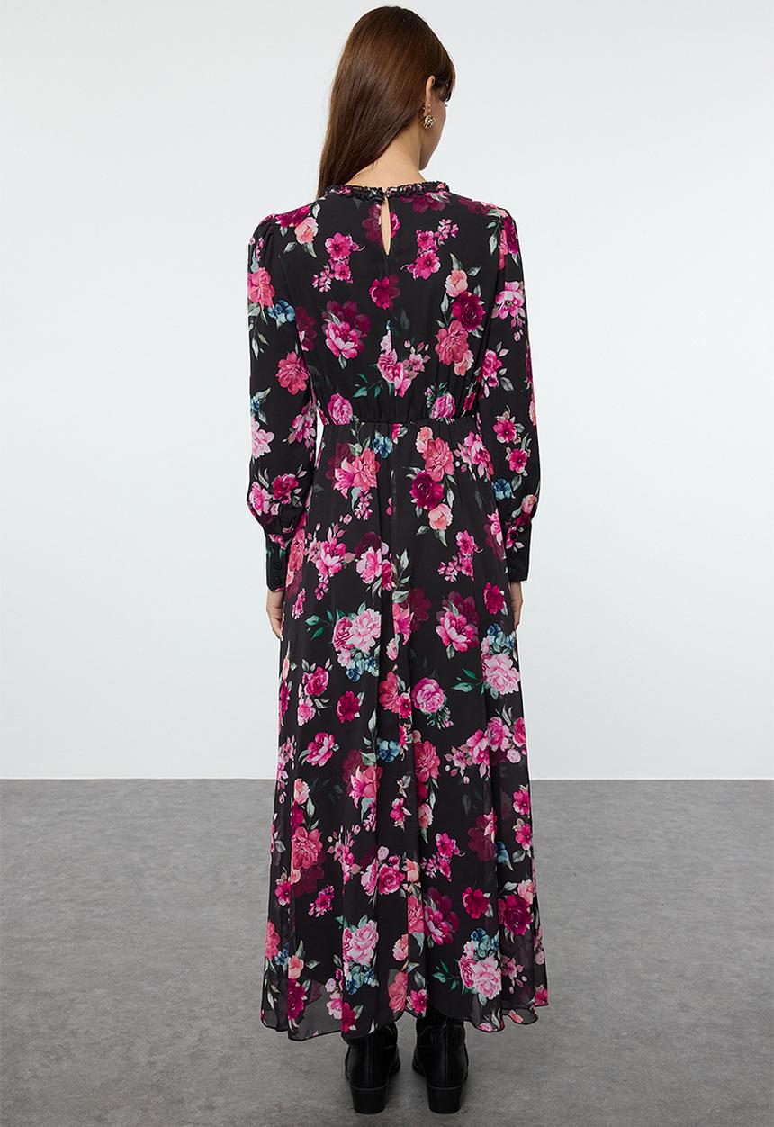 Trendyol - Floral Patterned Ruffled Woven - Black 