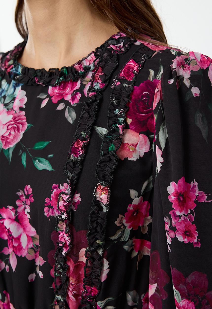 Trendyol - Floral Patterned Ruffled Woven - Black 