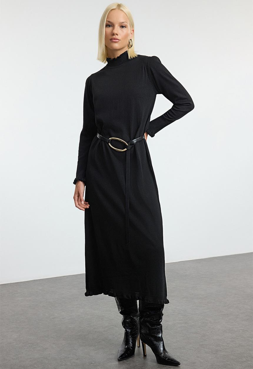 Trendyol - Frill Detailed Ribbed Stand Collar Knitwear - Black 