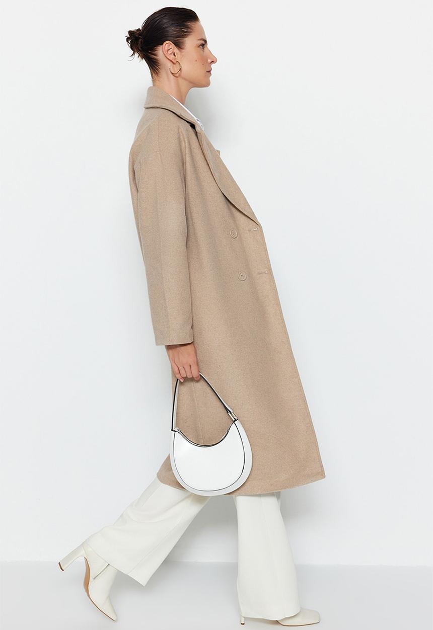 Trendyol - Oversize wide cut long wool cachet coat - stone 