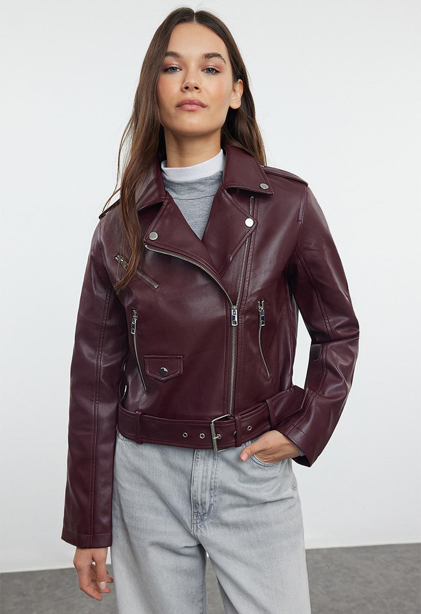 Trendyol - Regular faux leather biker jacket - claret red 