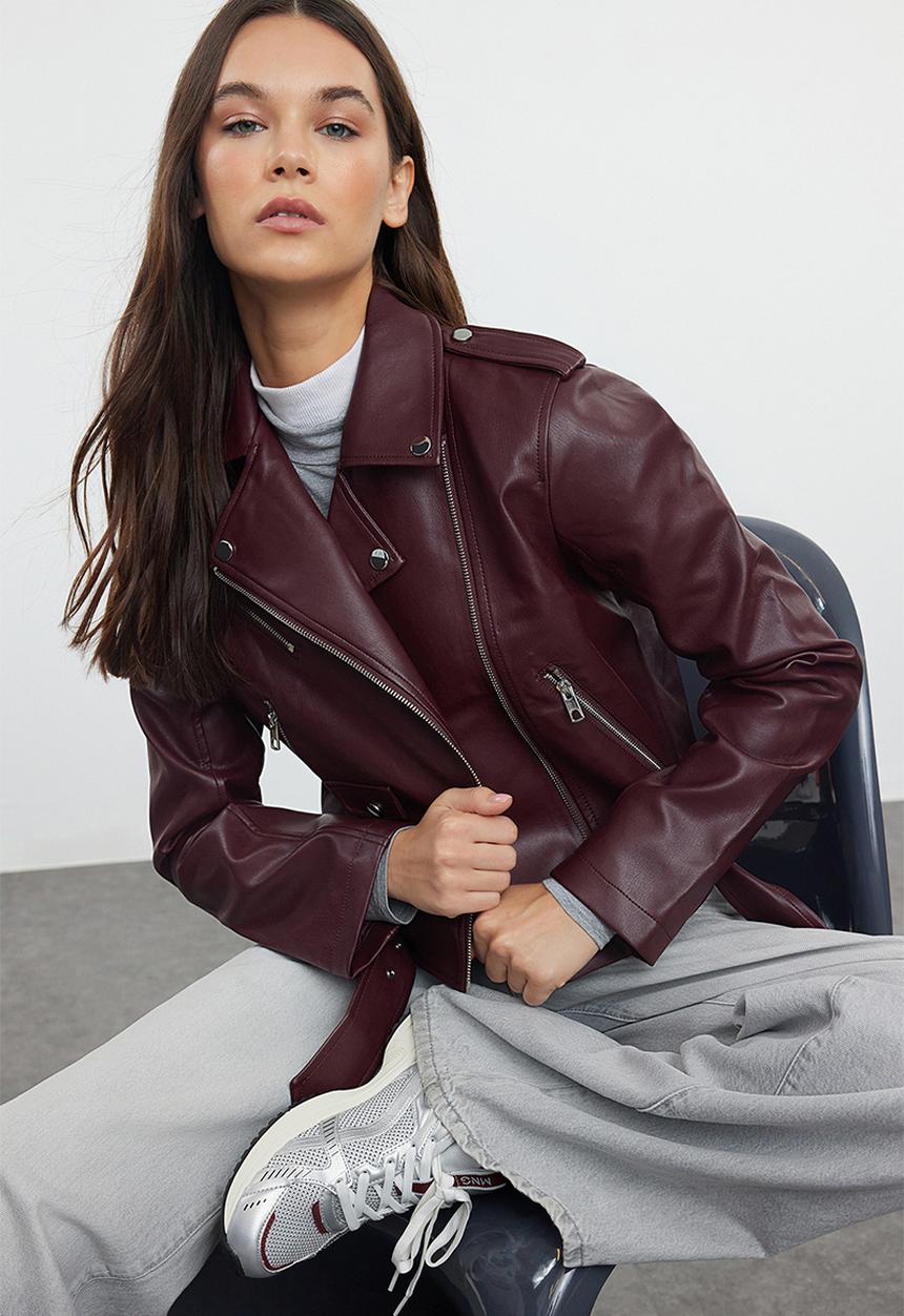 Trendyol - Regular faux leather biker jacket - claret red 