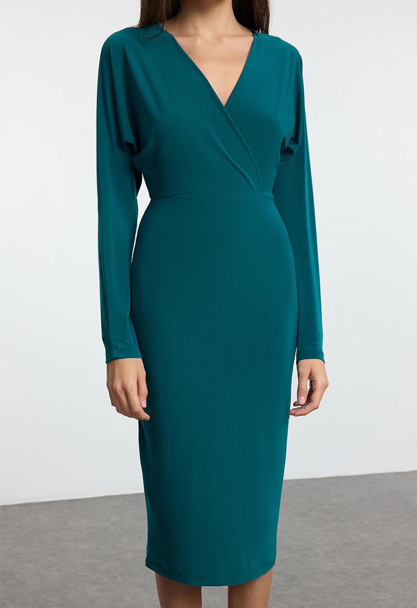 Trendyol - Emerald green batwing sleeve detailed midi knit dress