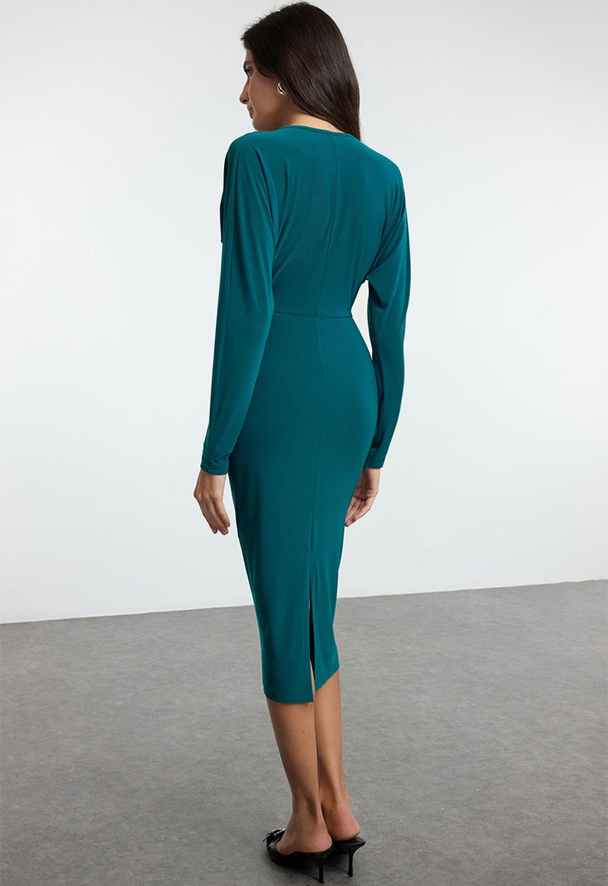 Trendyol - Emerald green batwing sleeve detailed midi knit dress