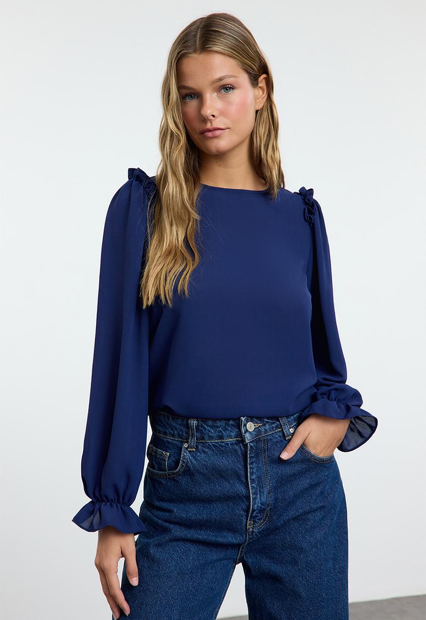 Trendyol - Long sleeve stand collar woven blouse - navy blue