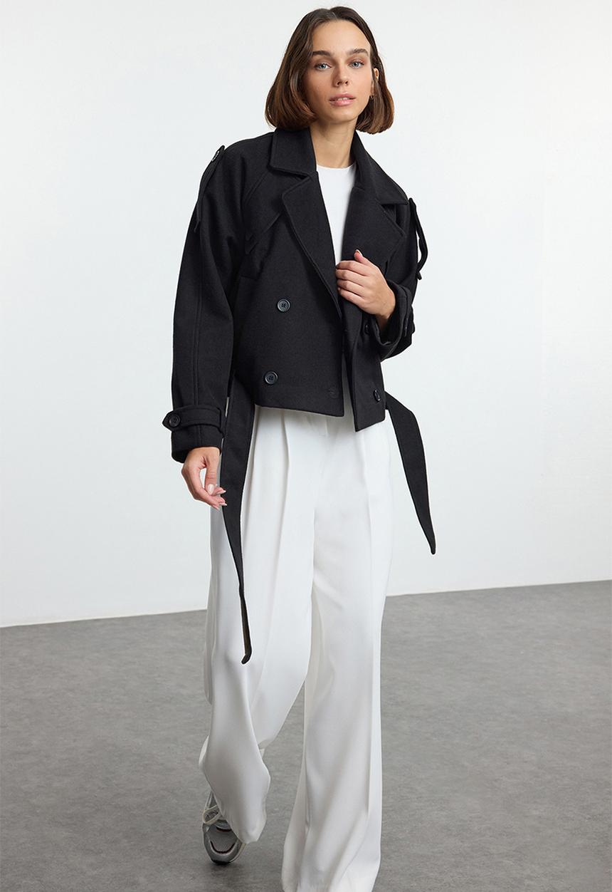 Trendyol - Soft textured seasonal short oversize cashmere coat - black