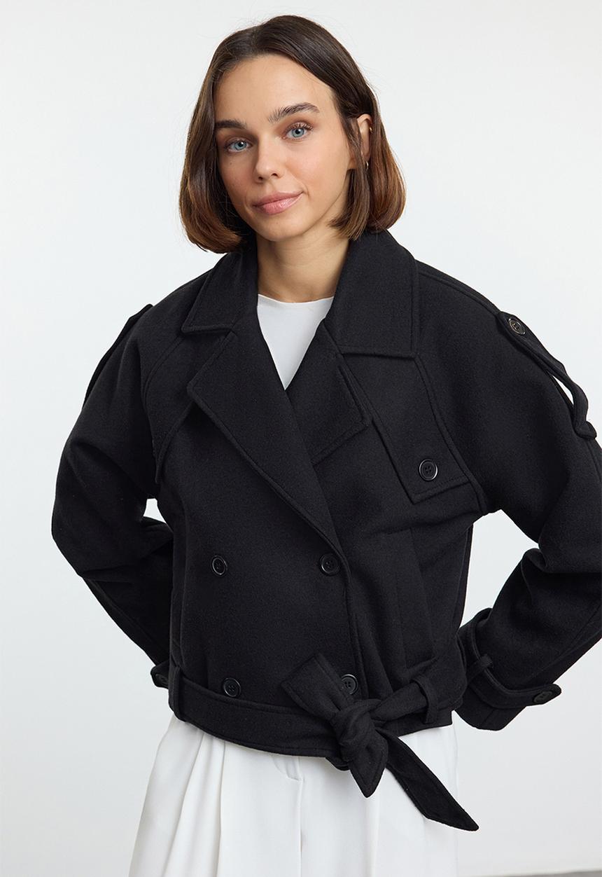 Trendyol - Soft textured seasonal short oversize cashmere coat - black