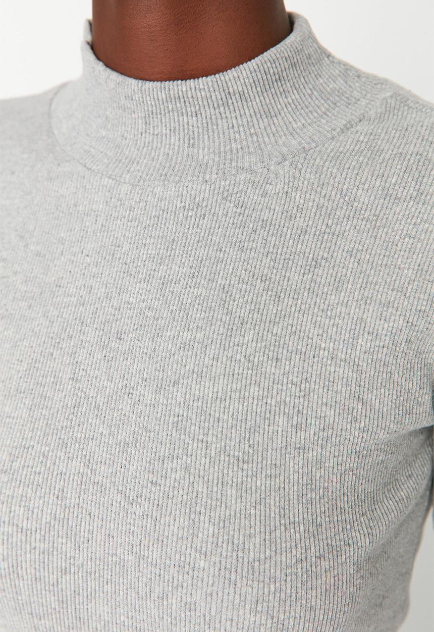 Trendyol - Fitted high collar long sleeve ribbed stretchy knitted top - gray