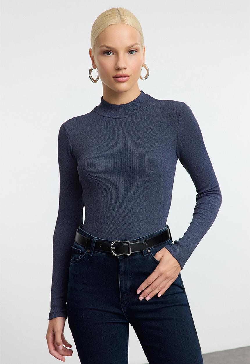 Trendyol - Fitted high neck long sleeve ribbed stretchy knitted top - indigo 