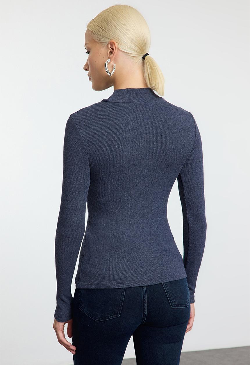Trendyol - Fitted high neck long sleeve ribbed stretchy knitted top - indigo 