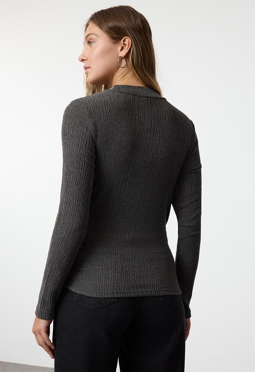 Trendyol - Stand collar gathered/drape normal pattern knitted top - anthracite