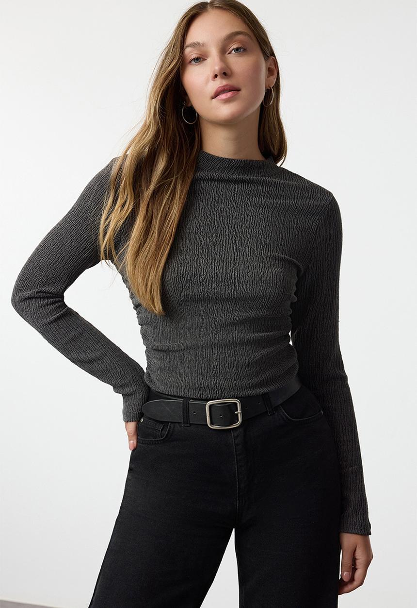 Trendyol - Stand collar gathered/drape normal pattern knitted top - anthracite