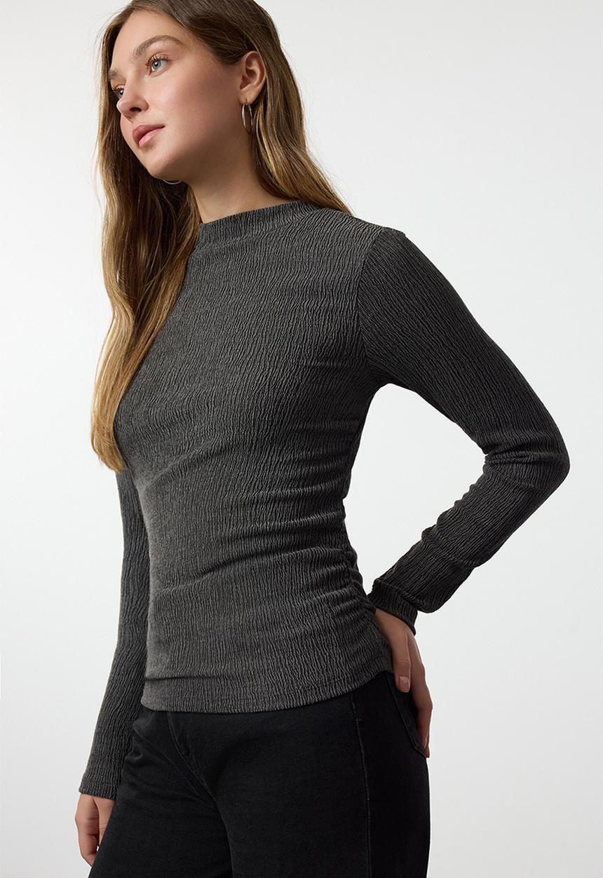 Trendyol - Stand collar gathered/drape normal pattern knitted top - anthracite