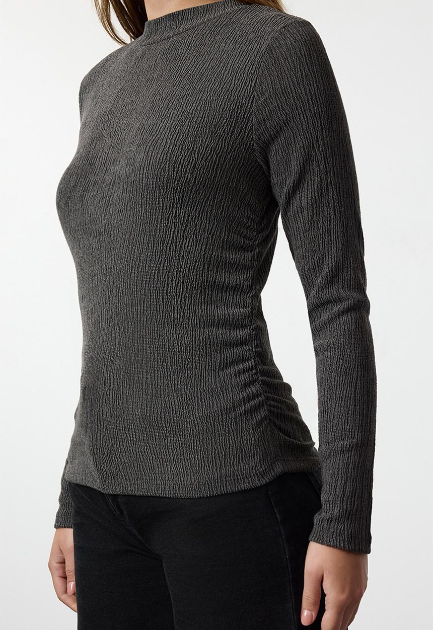 Trendyol - Stand collar gathered/drape normal pattern knitted top - anthracite