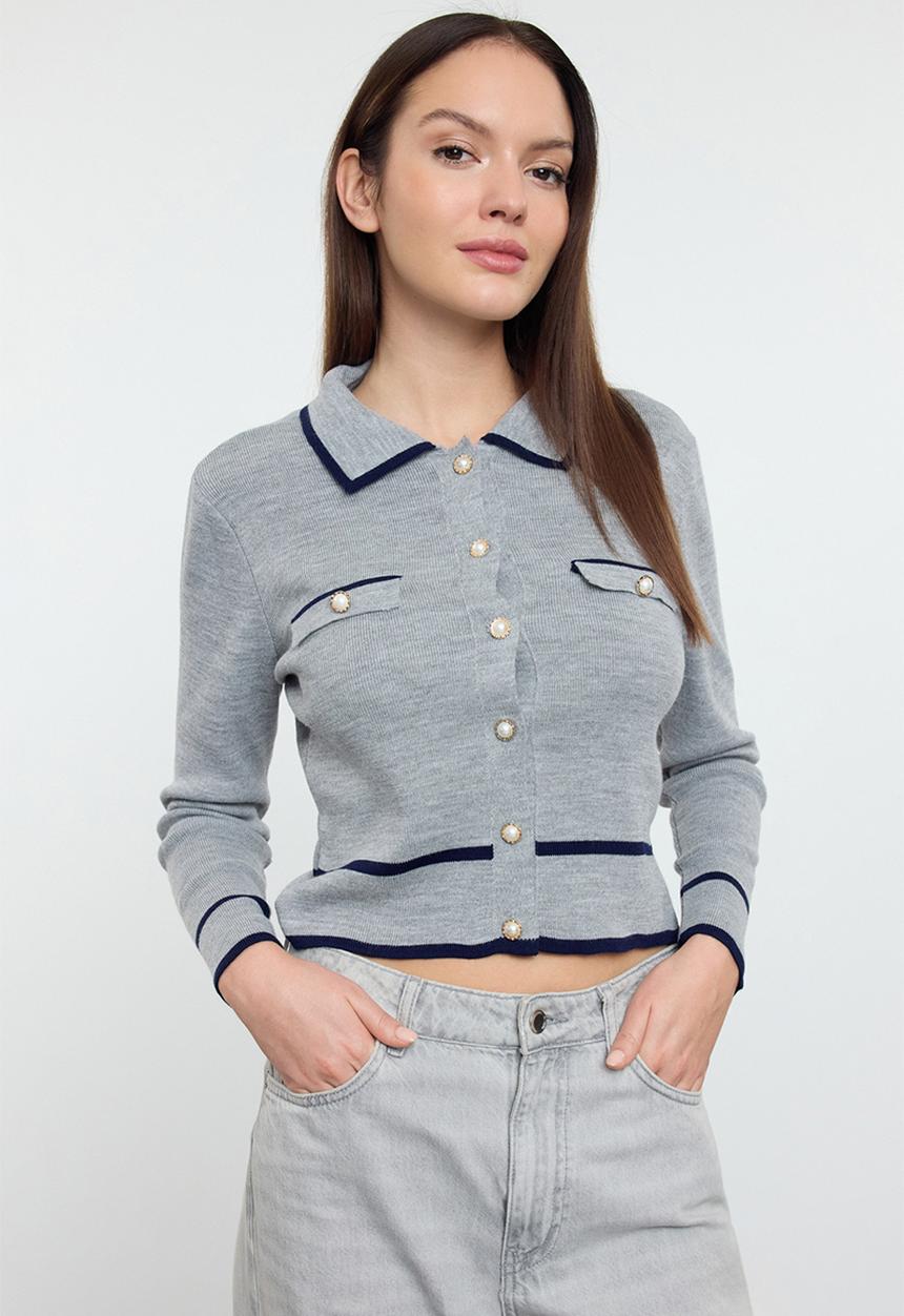 Trendyol - Colour block collar neck knitted - grey