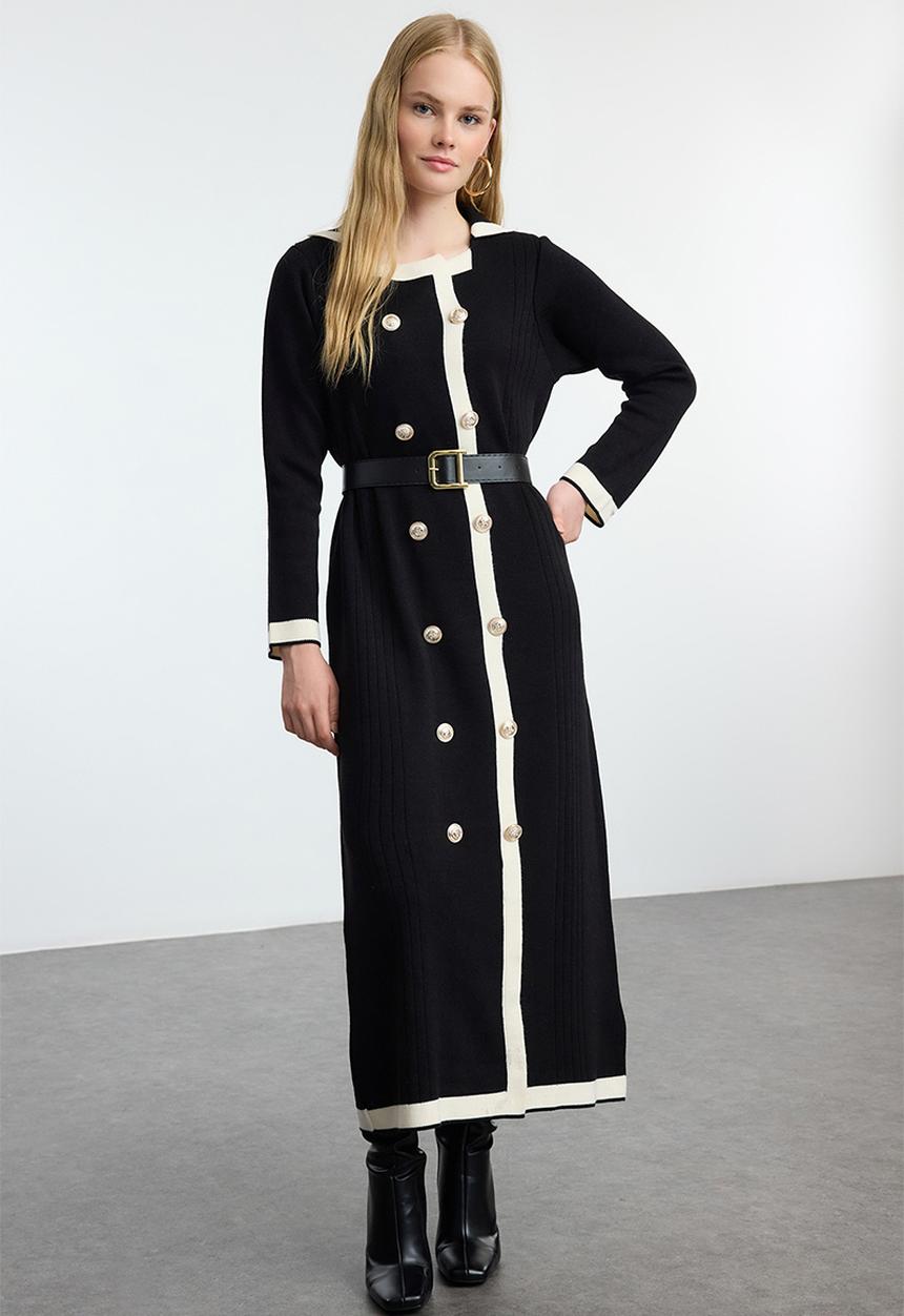 Trendyol - Belted buttoned knit color block - black 