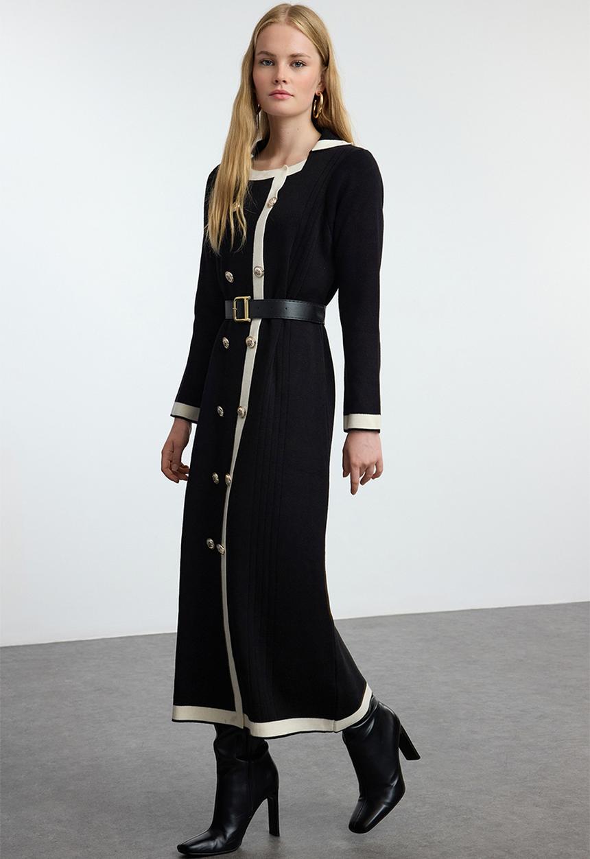 Trendyol - Belted buttoned knit color block - black 