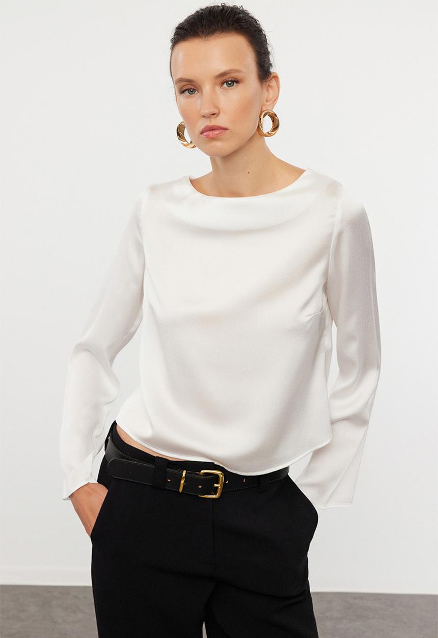 Trendyol - Detailed satin woven blouse - ecru & back