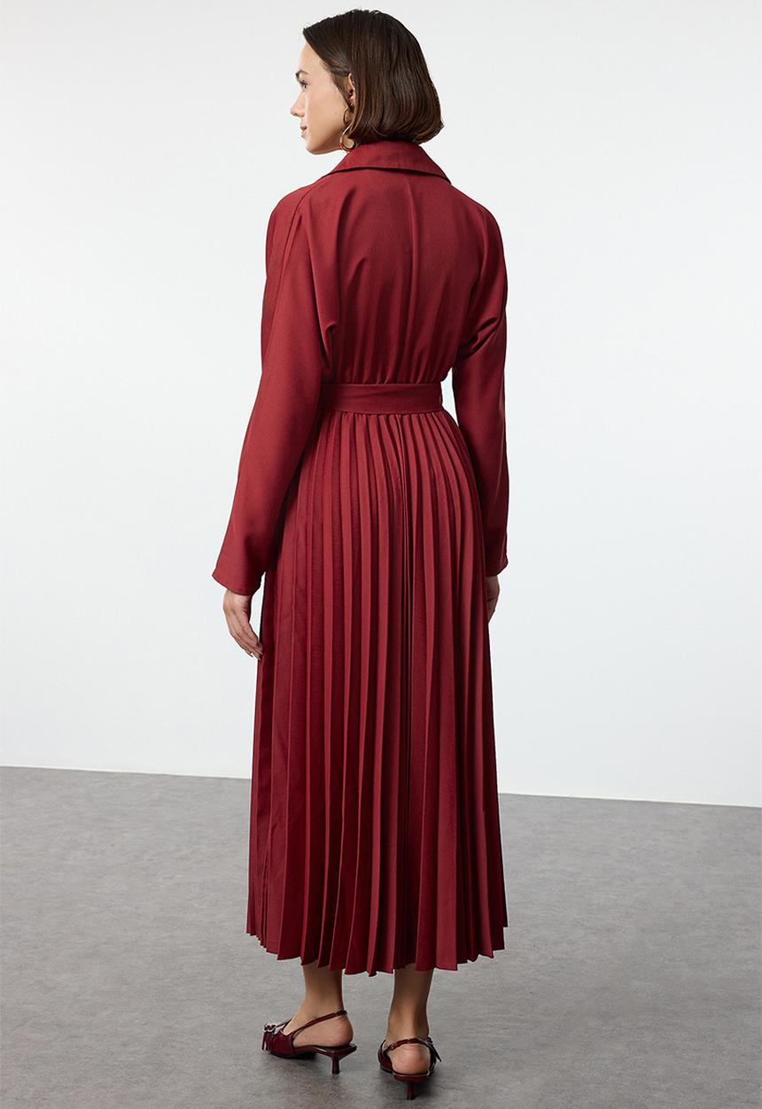 Trendyol -  Belted pleated double breasted collar maxi woven dress - burgundy 