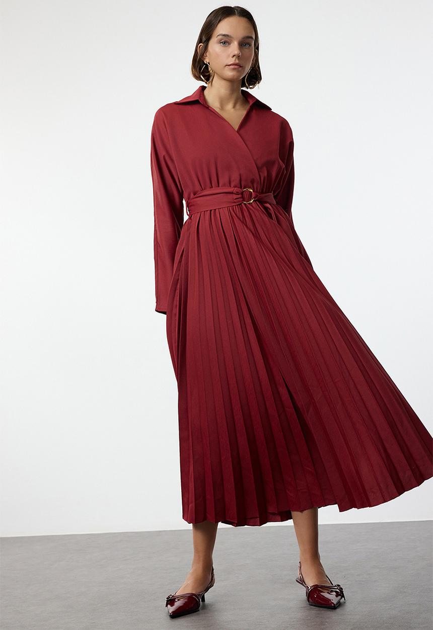 Trendyol -  Belted pleated double breasted collar maxi woven dress - burgundy 