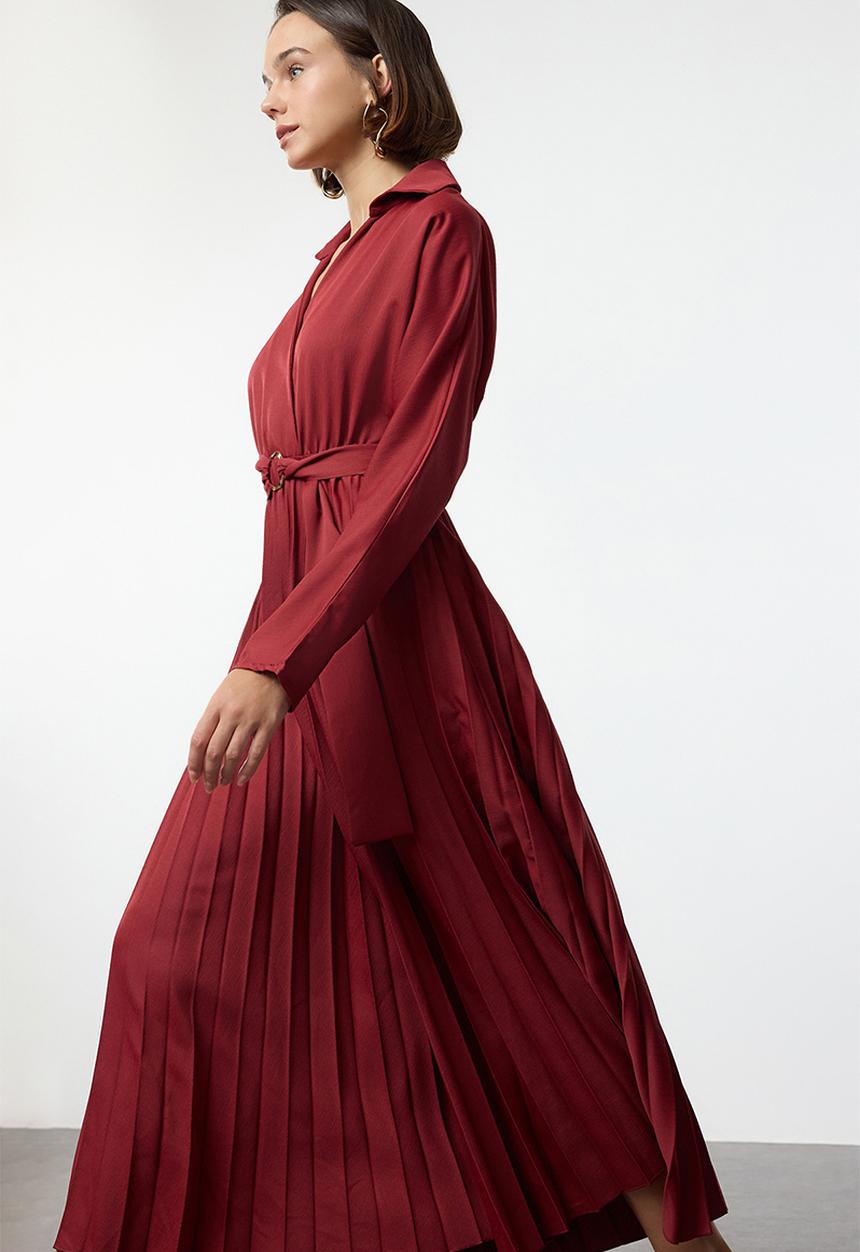 Trendyol -  Belted pleated double breasted collar maxi woven dress - burgundy 