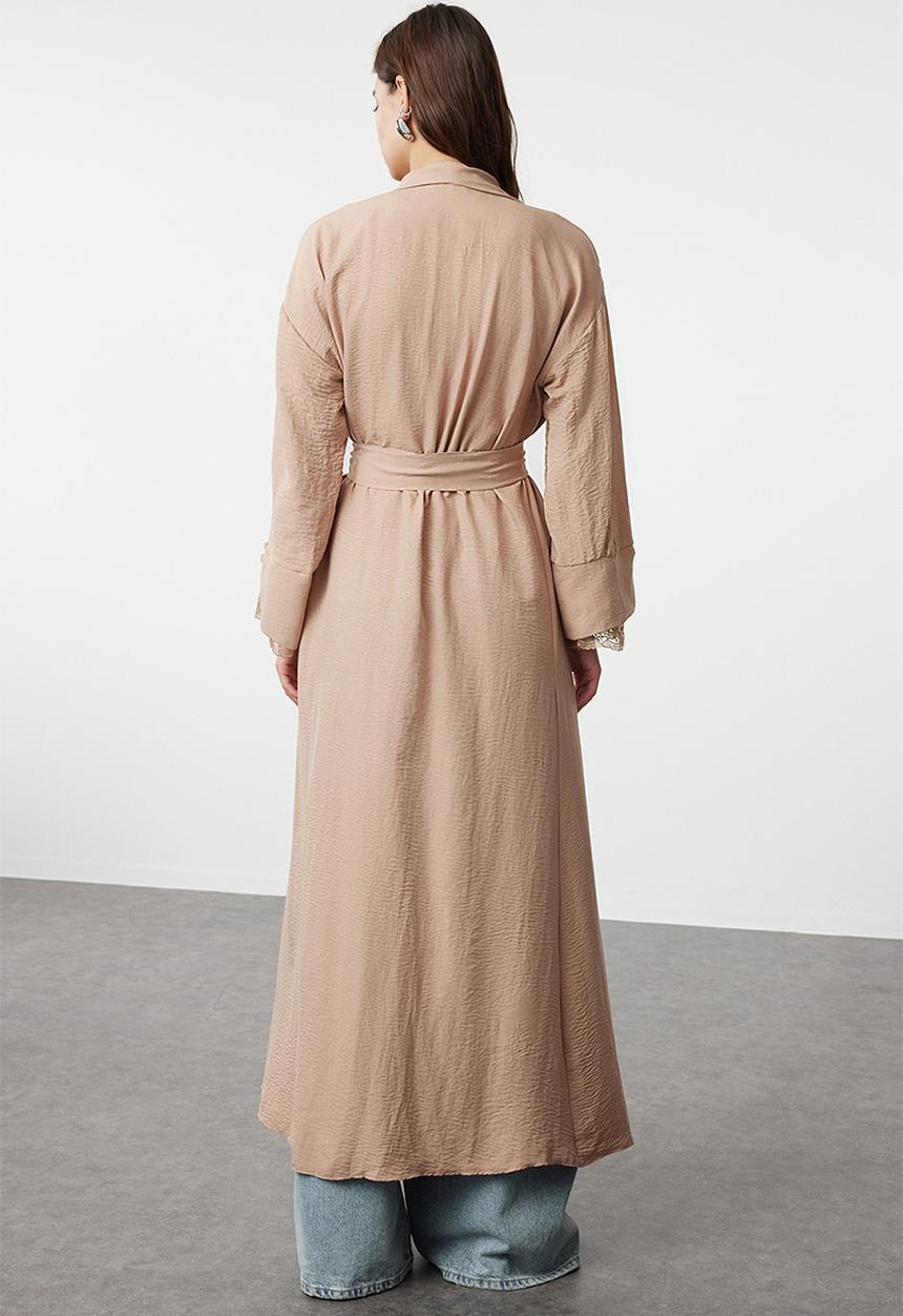 Trendyol - Cuff Lace Detailed Woven Cap & Abaya - Beige