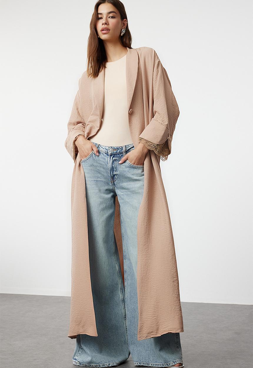 Trendyol - Cuff Lace Detailed Woven Cap & Abaya - Beige