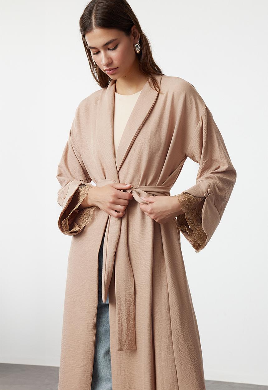 Trendyol - Cuff Lace Detailed Woven Cap & Abaya - Beige