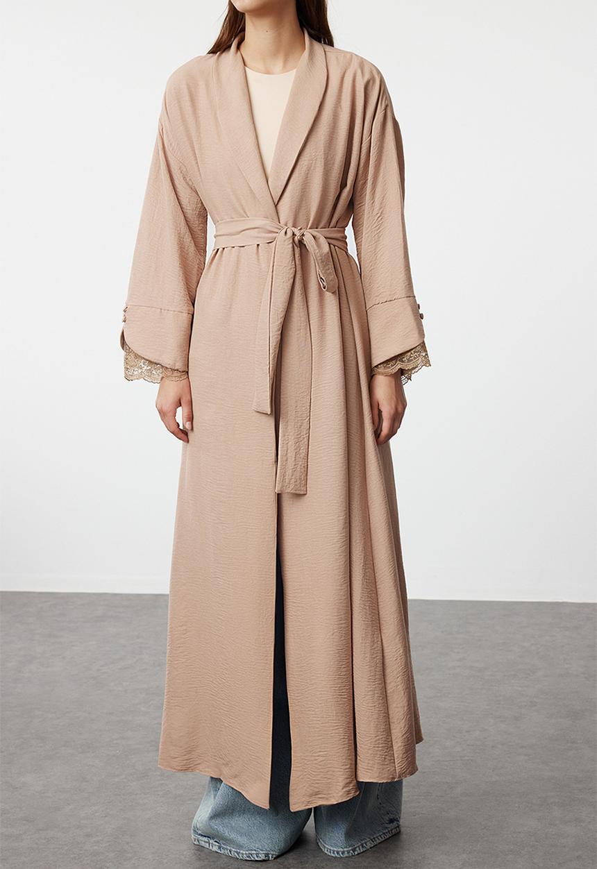 Trendyol - Cuff Lace Detailed Woven Cap & Abaya - Beige