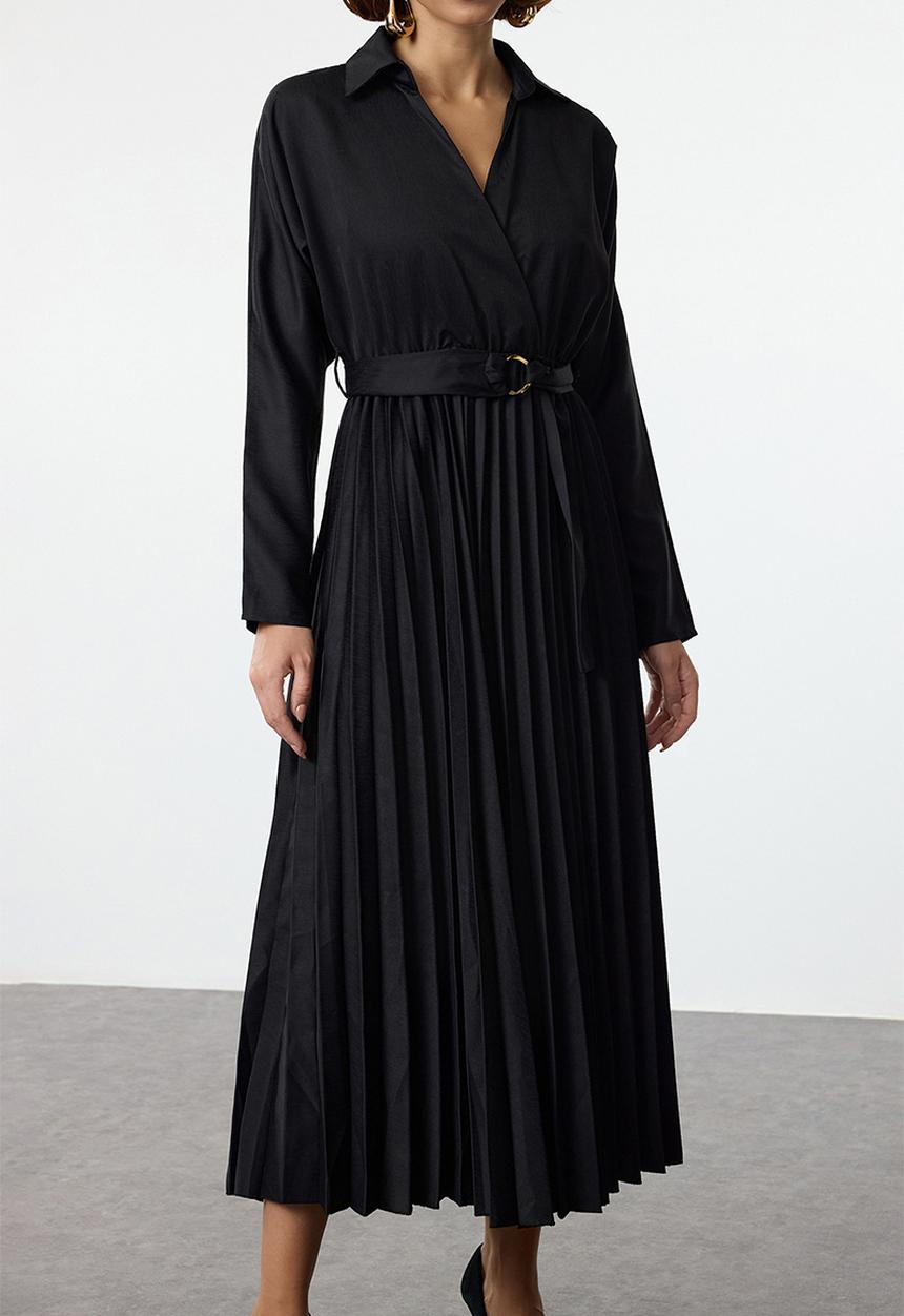 Trendyol - Belted skirt pleated double breasted collar maxi woven dress - black
