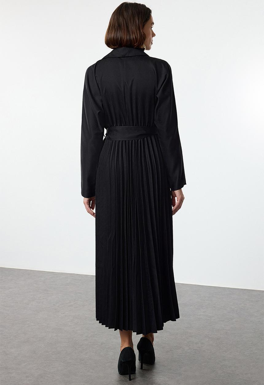 Trendyol - Belted skirt pleated double breasted collar maxi woven dress - black