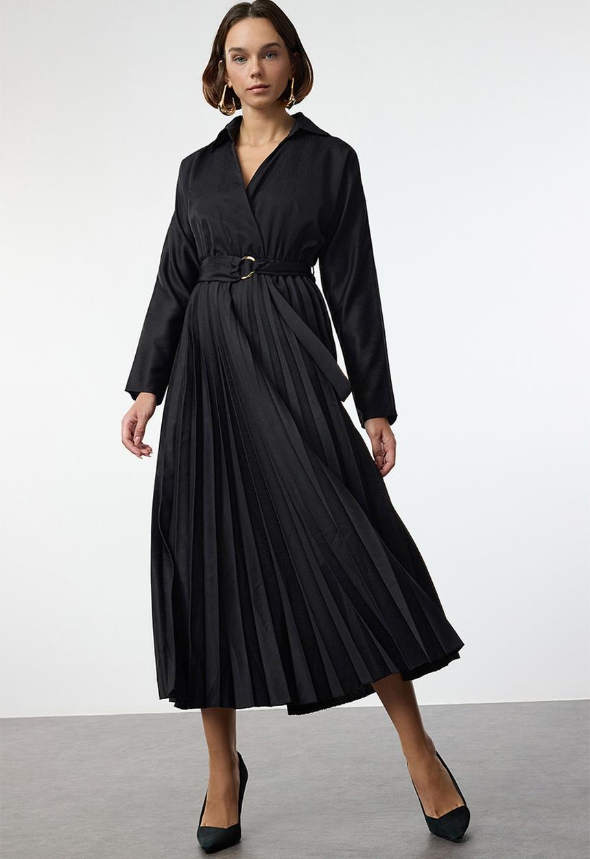 Trendyol - Belted skirt pleated double breasted collar maxi woven dress - black