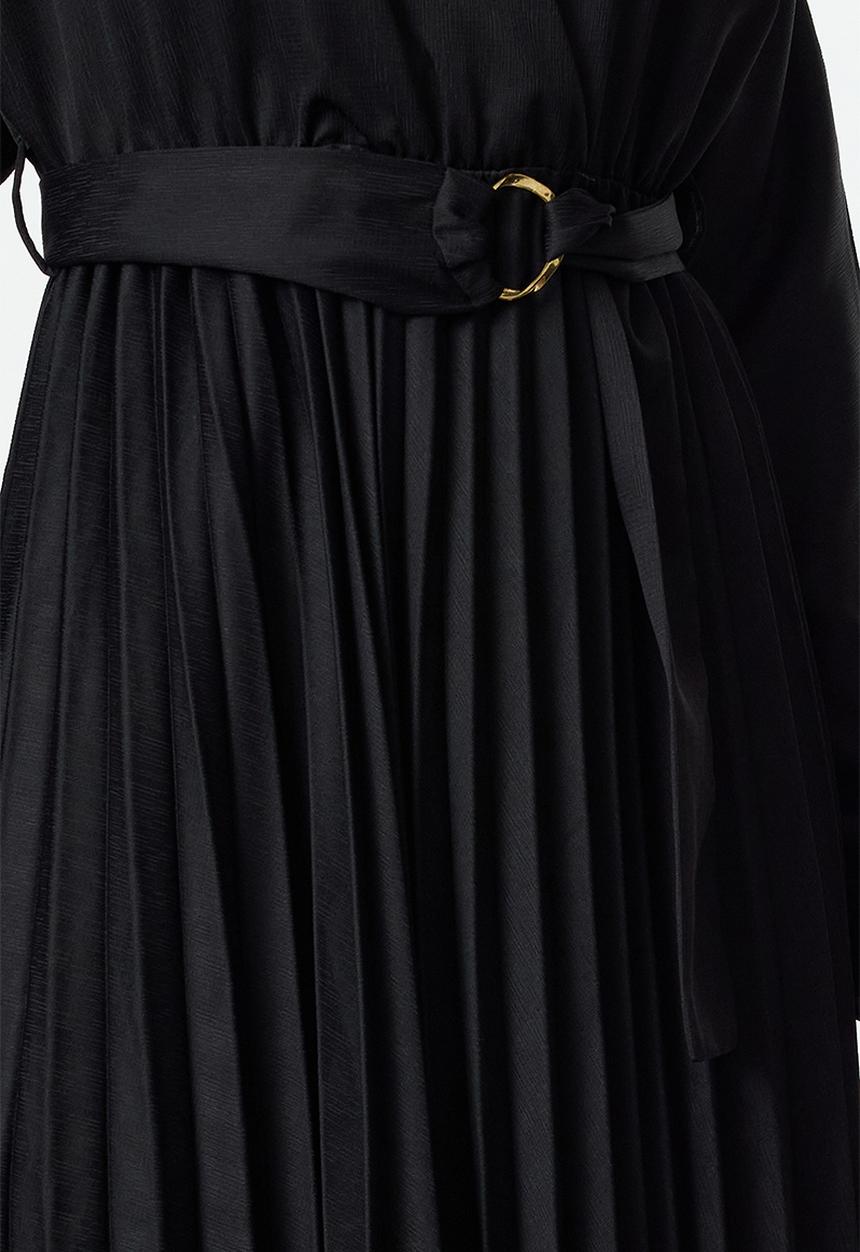 Trendyol - Belted skirt pleated double breasted collar maxi woven dress - black