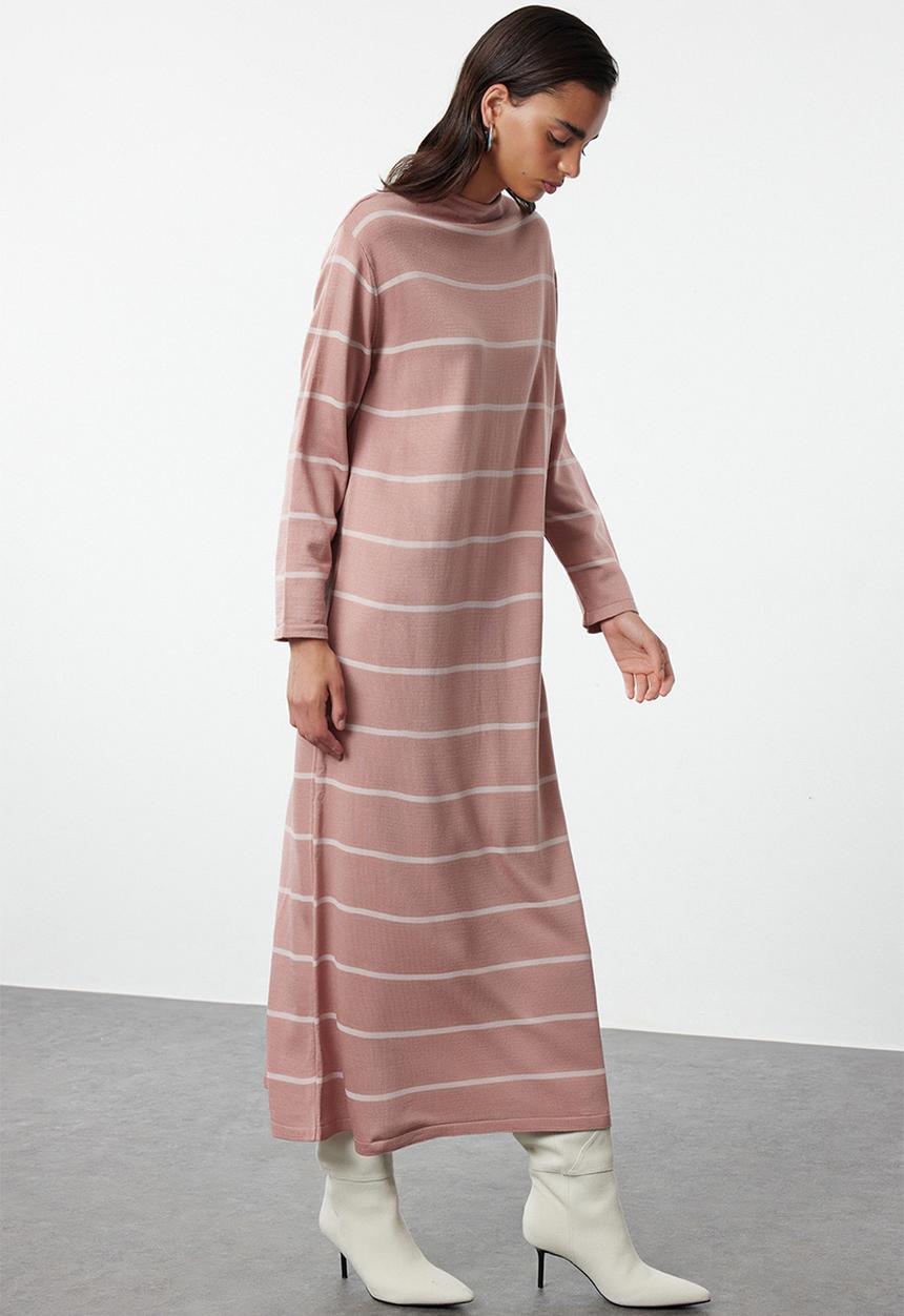 Trendyol - Stand collar striped knit - dusty rose