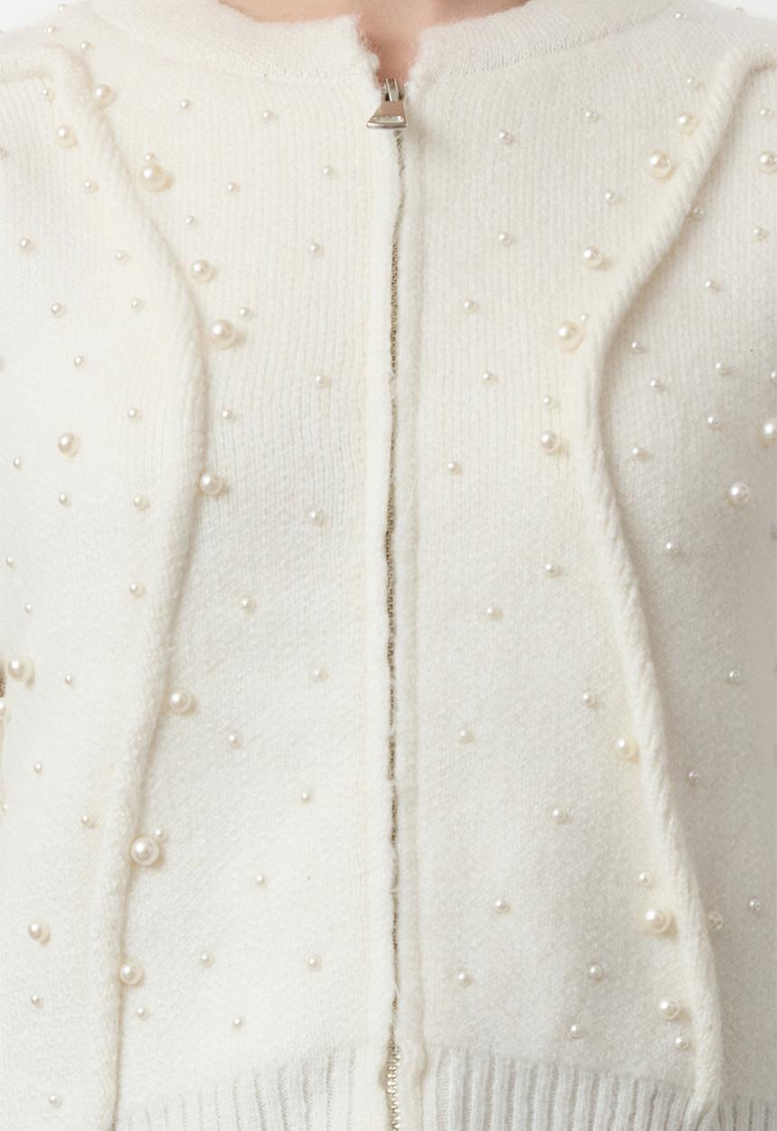 Trendyol - Soft textured zippered stone embroidered coat-look knitwear - ecru