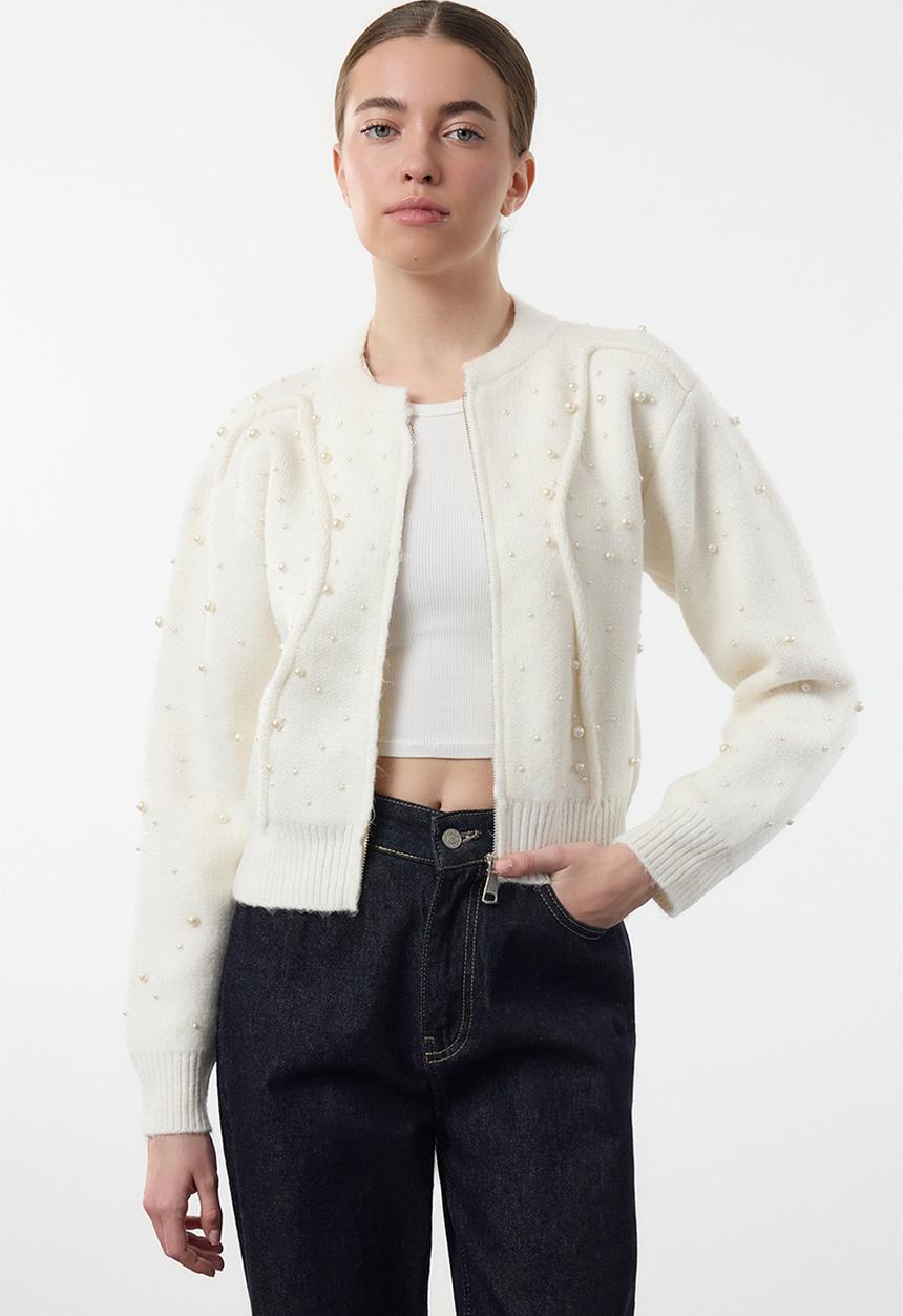 Trendyol - Soft textured zippered stone embroidered coat-look knitwear - ecru